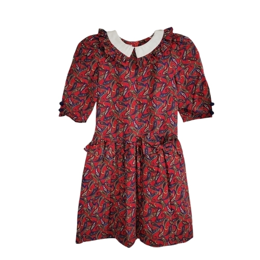 Vintage 80s Red Teardrop Print Ruffle Collar Pleated Girls Christmas Dre…